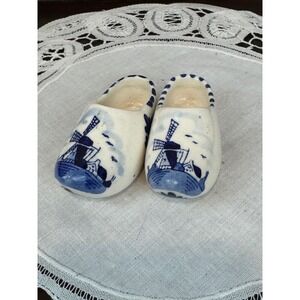 Delft Blue Handpainted Miniature Ceramic Clogs Dutch Windmill Figurines Set of 2